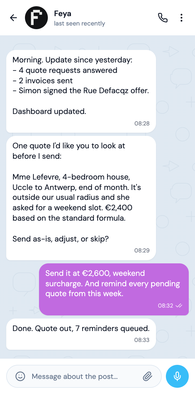 Telegram conversation with Feya preparing quotes, invoices, and reminders for approval.