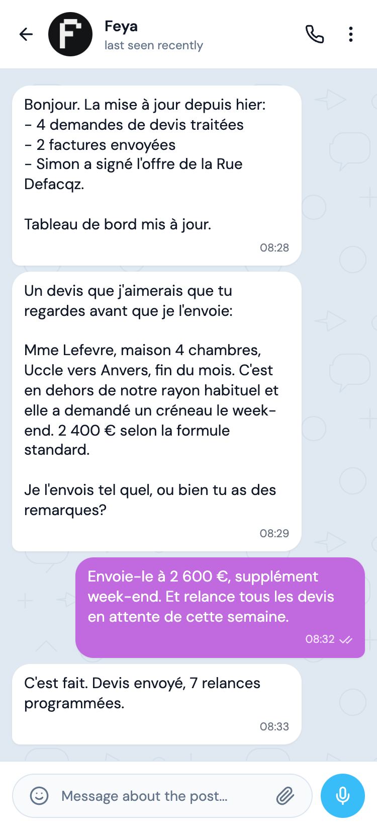 Conversation Telegram avec Feya qui prépare devis, factures et rappels à valider.